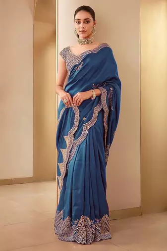 Teal Color Embroidery And Sequences Work Silk Blend Saree