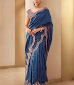 Teal Color Embroidery And Sequences Work Silk Blend Saree