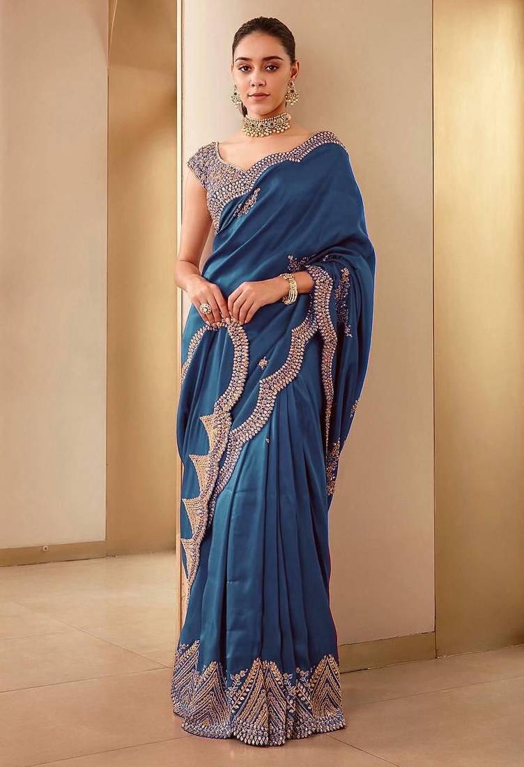 Teal Color Embroidery And Sequences Work Silk Blend Saree