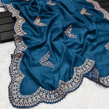 Teal Color Embroidery And Sequences Work Silk Blend Saree 2