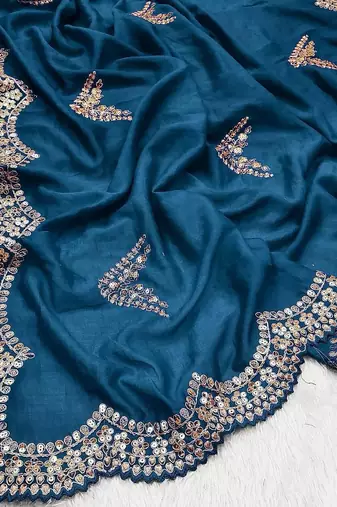 Teal Color Embroidery And Sequences Work Silk Blend Saree