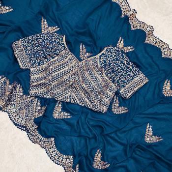 Teal Color Embroidery And Sequences Work Silk Blend Saree 3