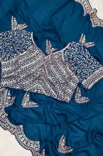 Teal Color Embroidery And Sequences Work Silk Blend Saree
