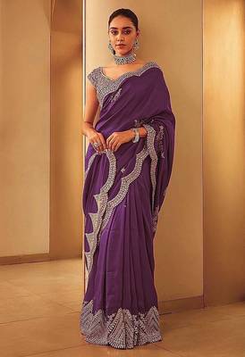 Wine Color Embroidery And Sequences Work Silk Blend Saree 1