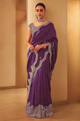 Wine Color Embroidery And Sequences Work Silk Blend Saree
