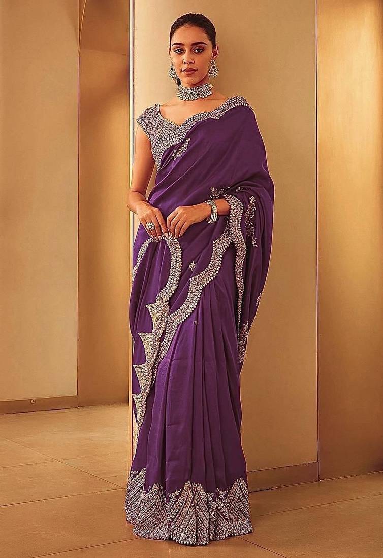 Wine Color Embroidery And Sequences Work Silk Blend Saree
