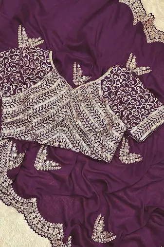 Wine Color Embroidery And Sequences Work Silk Blend Saree