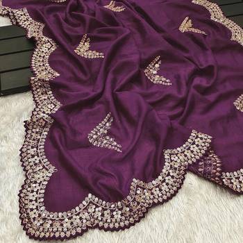 Wine Color Embroidery And Sequences Work Silk Blend Saree 3