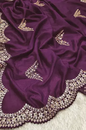 Wine Color Embroidery And Sequences Work Silk Blend Saree