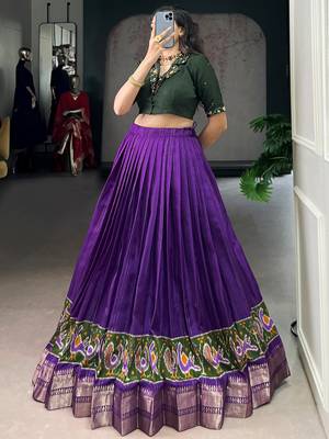 Magnificent Purple Printed Cotton Festival Wear Crop Top Lehenga 1