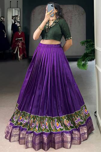 Magnificent Purple Printed Cotton Festival Wear Crop Top Lehenga