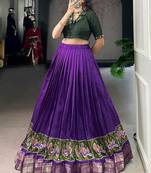 Magnificent Purple Printed Cotton Festival Wear Crop Top Lehenga
