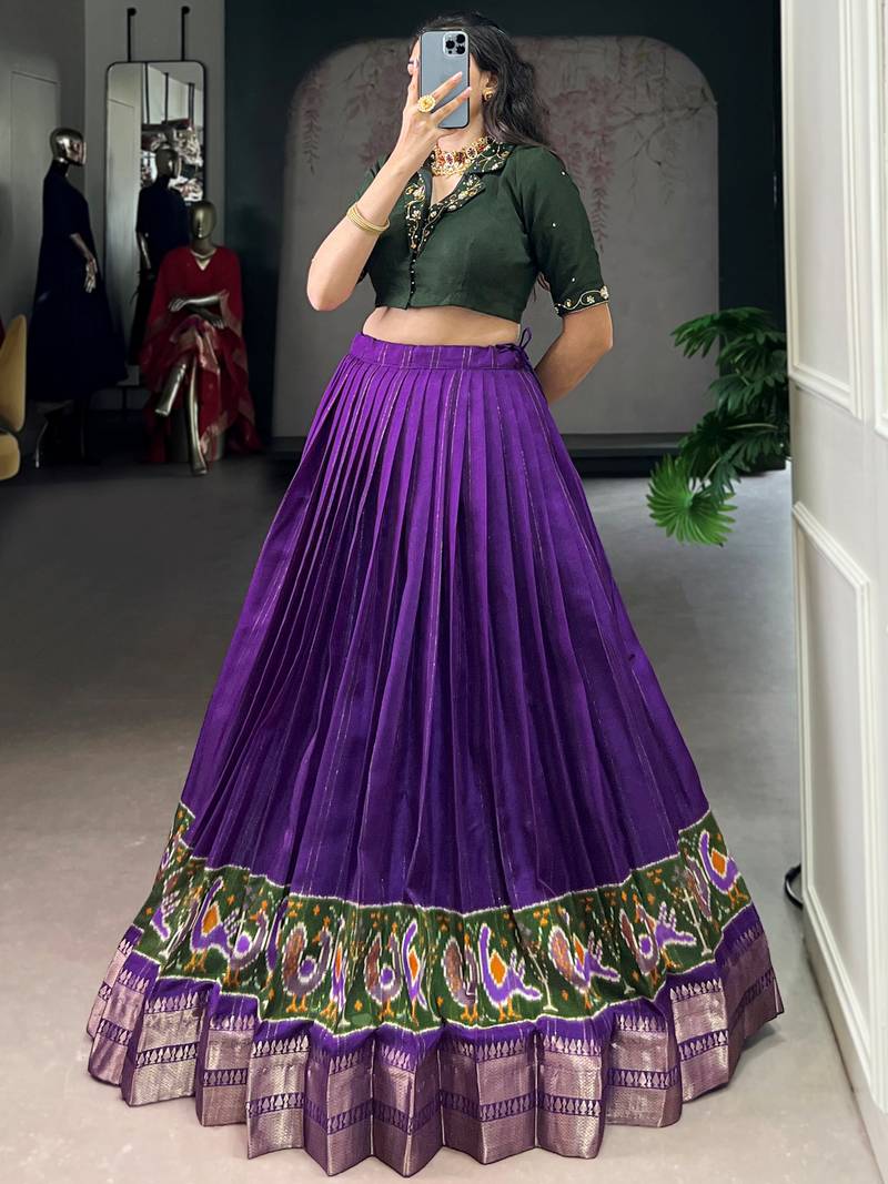 Magnificent Purple Printed Cotton Festival Wear Crop Top Lehenga