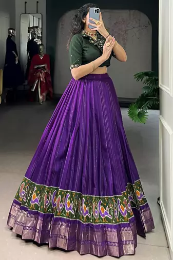 Magnificent Purple Printed Cotton Festival Wear Crop Top Lehenga