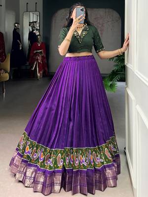 Magnificent Purple Printed Cotton Festival Wear Crop Top Lehenga 3