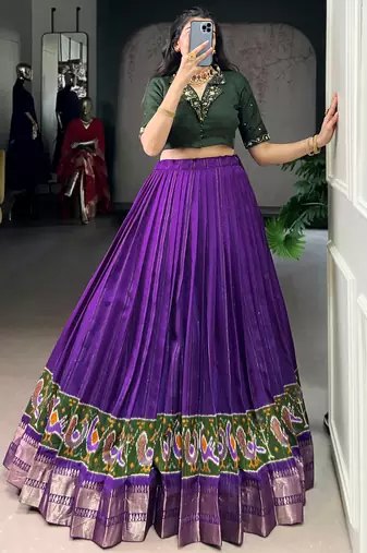 Magnificent Purple Printed Cotton Festival Wear Crop Top Lehenga