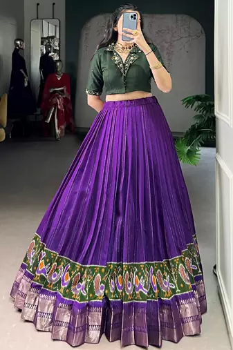 Magnificent Purple Printed Cotton Festival Wear Crop Top Lehenga