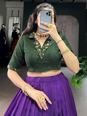 Magnificent Purple Printed Cotton Festival Wear Crop Top Lehenga 5