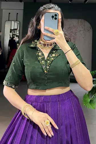 Magnificent Purple Printed Cotton Festival Wear Crop Top Lehenga