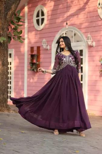 Purple faux georgette embroidered gown set