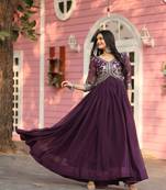 Purple faux georgette embroidered gown set