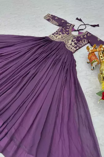 Purple faux georgette embroidered gown set
