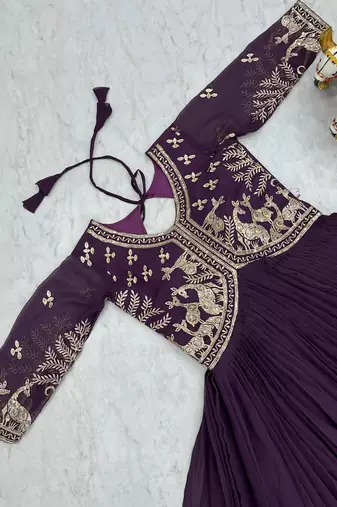 Purple faux georgette embroidered gown set