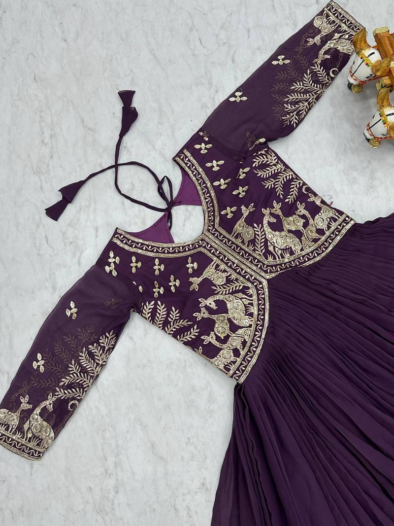 Purple faux georgette embroidered gown set
