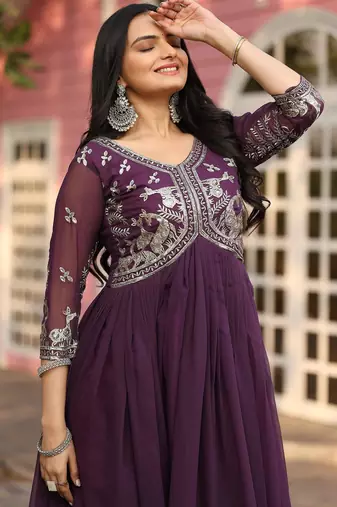 Purple faux georgette embroidered gown set