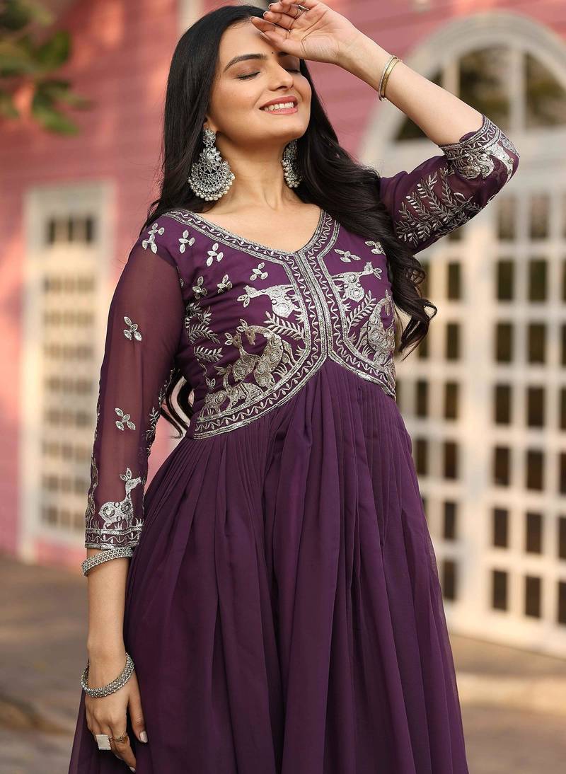 Purple faux georgette embroidered gown set