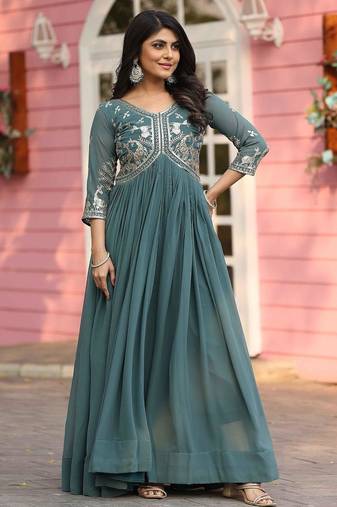 Teal green faux georgette embroidered gown set