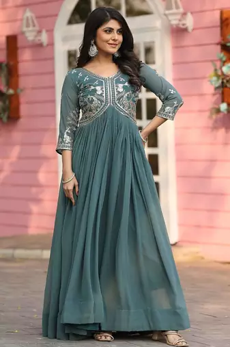Teal green faux georgette embroidered gown set