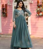 Teal green faux georgette embroidered gown set