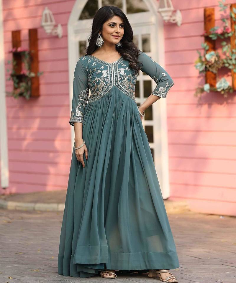 Teal green faux georgette embroidered gown set