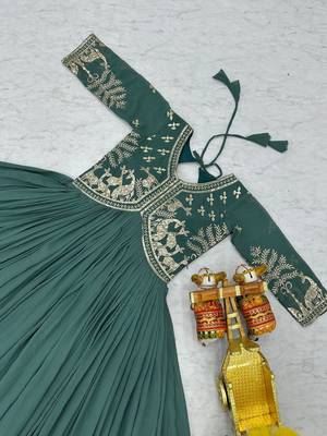 Teal green faux georgette embroidered gown set 2