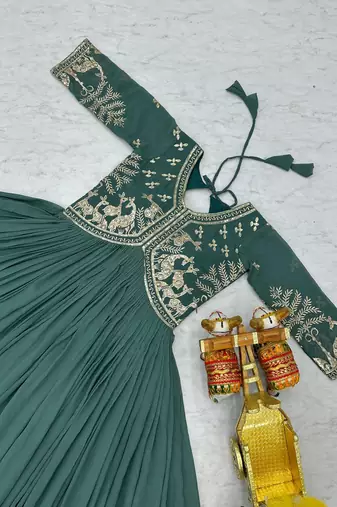 Teal green faux georgette embroidered gown set