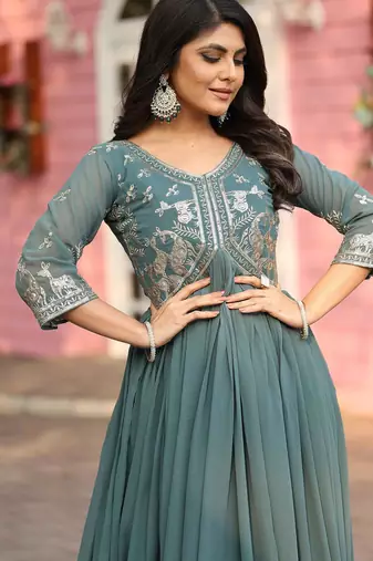 Teal green faux georgette embroidered gown set