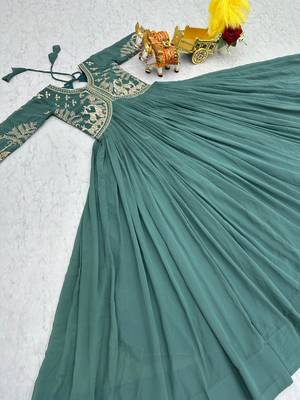 Teal green faux georgette embroidered gown set 4