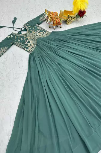 Teal green faux georgette embroidered gown set