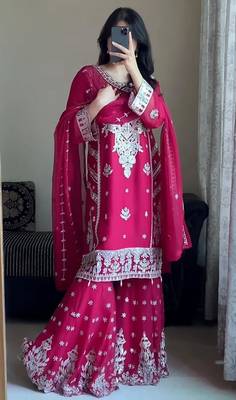Pink faux georgette embroidered sharara set 1