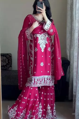 Pink faux georgette embroidered sharara set