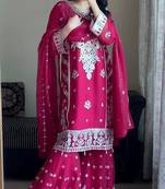 Pink faux georgette embroidered sharara set