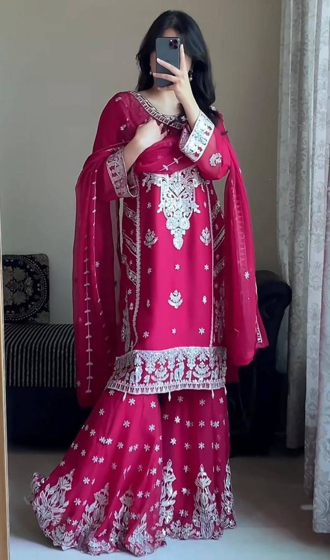 Pink faux georgette embroidered sharara set