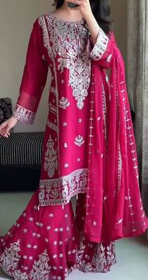 Pink faux georgette embroidered sharara set 2