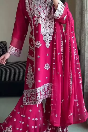 Pink faux georgette embroidered sharara set