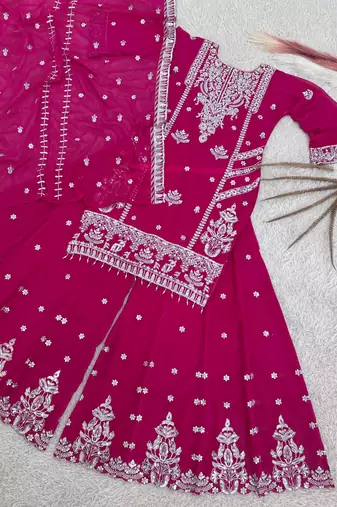Pink faux georgette embroidered sharara set