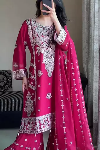 Pink faux georgette embroidered sharara set