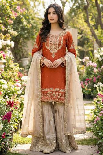 Orange silk blend embroidered sharara set