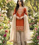 Orange silk blend embroidered sharara set