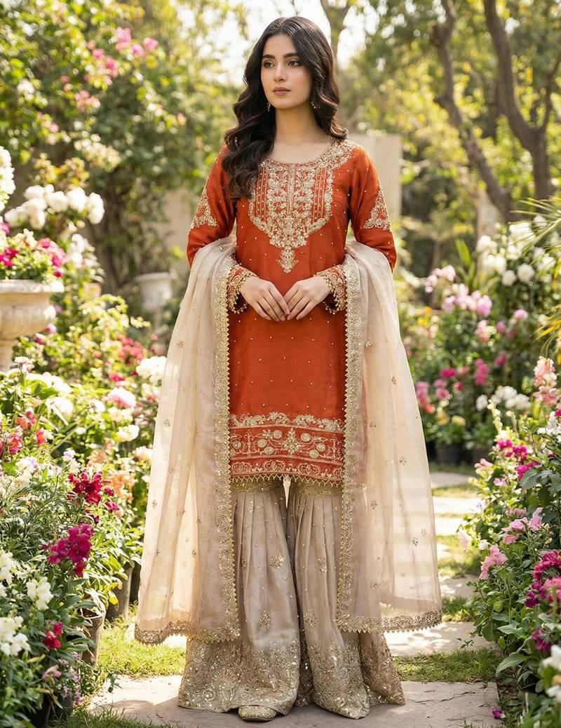 Orange silk blend embroidered sharara set